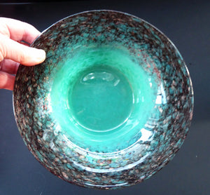Pretty SCOTTISH MONART GLASS Shallow Bowl. Aqua Green with Gold and Black Aventurine & Customary Raised Pontil Mark