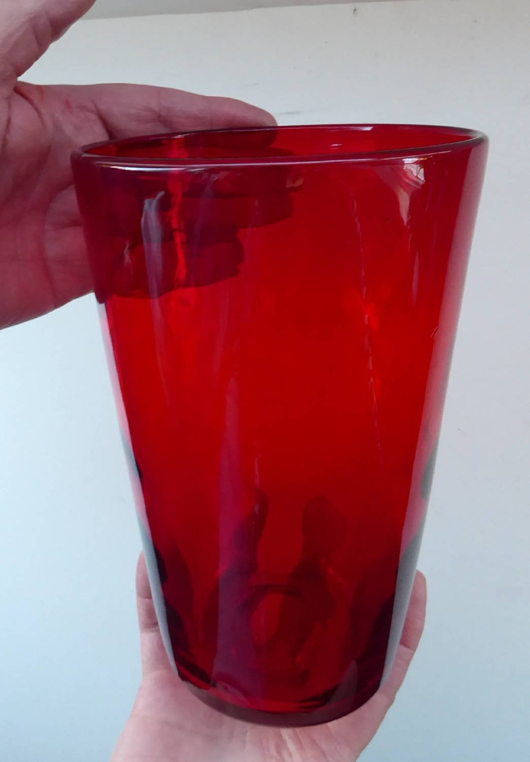 1950s Ruby Red WHITEFRIARS Wave Ribbed LARGE Tumbler Vase. 8 Inches in height. Excellent Condition