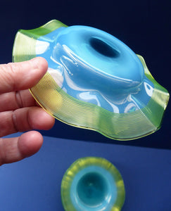 SIX Antique JOHN WALSH Vaseline Glass Side or Fruit Plates - with Pale Blue Vaseline Centres and Frilled Edge with Trails.
