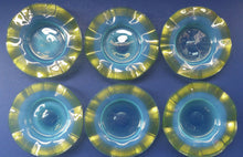 Load image into Gallery viewer, SIX Antique JOHN WALSH Vaseline Glass Side or Fruit Plates - with Pale Blue Vaseline Centres and Frilled Edge with Trails.
