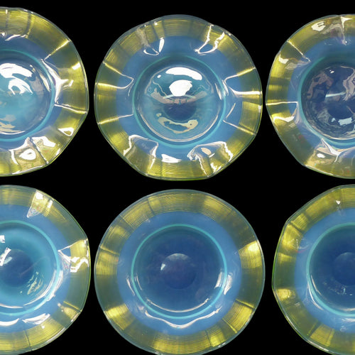 SIX Antique JOHN WALSH Vaseline Glass Side or Fruit Plates - with Pale Blue Vaseline Centres and Frilled Edge with Trails