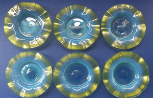 SIX Antique JOHN WALSH Vaseline Glass Side or Fruit Plates - with Pale Blue Vaseline Centres and Frilled Edge with Trails.