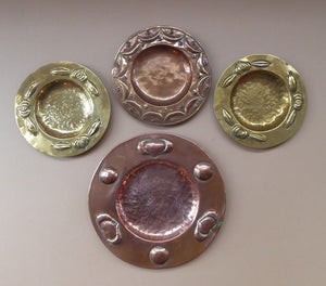 SET OF FOUR Miniature Early 20th Century Arts and Crafts Copper & Brass Card or Pin Trays. All hand made examples