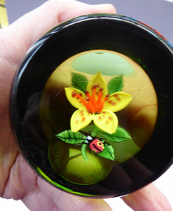 SCOTTISH Large 1991 Limited Edition Caithness LILIES and LADYBIRD Paperweight by William Manson. Signed to the base