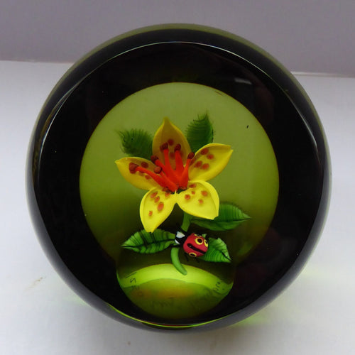 SCOTTISH Large 1991 Limited Edition Caithness LILIES and LADYBIRD Paperweight by William Manson. Signed to the base