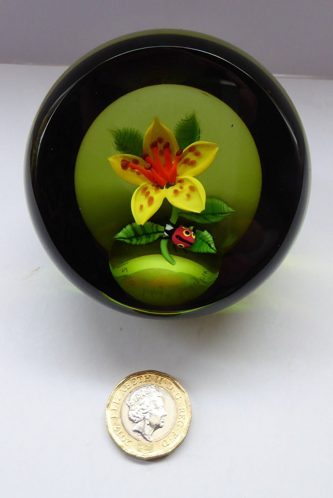 SCOTTISH Large 1991 Limited Edition Caithness LILIES and LADYBIRD Paperweight by William Manson. Signed to the base