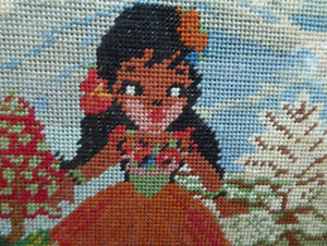 Vintage NURSERY PICTURE. Embroidery Panel Showing a Little French Sailor Meeting a Wee Hula Girl; 1960s