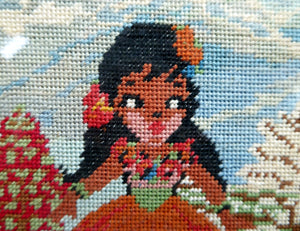 Vintage NURSERY PICTURE. Embroidery Panel Showing a Little French Sailor Meeting a Wee Hula Girl; 1960s