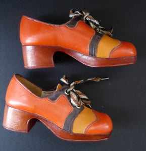 Child's 1970s Vintage PLATFORM SHOES. Designed by NORVIC: Young Generation Range. Two-Tone Orange & Mustard Leather