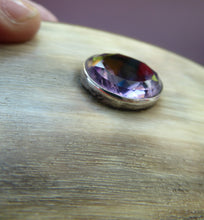 Load image into Gallery viewer, ANTIQUE Scottish Horn Snuff Box. 19th Century Horn Oval Box with Faceted Amethyst Set in a Slim Silver Band on the Lid
