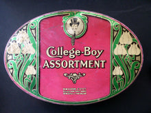 Load image into Gallery viewer, Rare Early 20th Century Art Nouveau Large Toffee Tin - College Boy Assortment by W M Livens &amp; Co Ltd (Newcastle)
