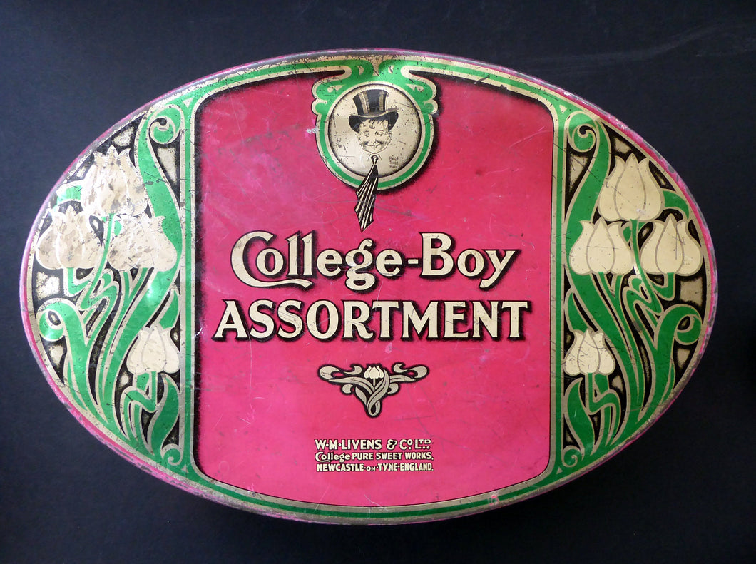 Rare Early 20th Century Art Nouveau Large Toffee Tin - College Boy Assortment by W M Livens & Co Ltd (Newcastle)