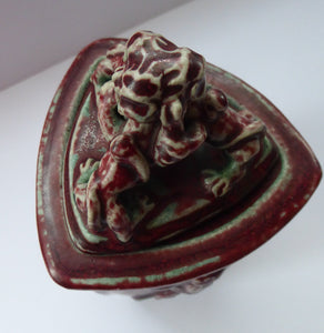 Rare ROYAL COPENHAGEN Lidded Stoneware Vase or Urn by Bode Willumsen. Triangular Pot Decorated with Nordic Mythical Figures; 1920s
