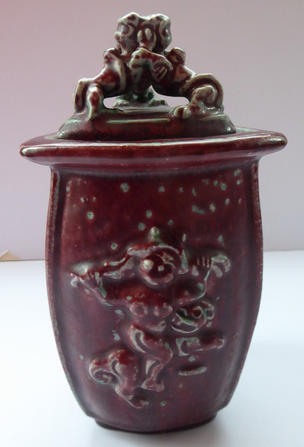 Rare ROYAL COPENHAGEN Lidded Stoneware Vase or Urn by Bode Willumsen. Triangular Pot Decorated with Nordic Mythical Figures; 1920s