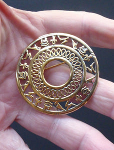 SCOTTISH Vintage OLA GORIE Large Silver Brooch with Gold Wash. Egyptian Hieroglyphs Design for the British Museum; 1995