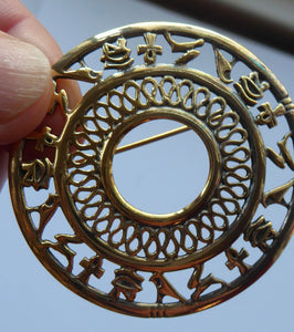 SCOTTISH Vintage OLA GORIE Large Silver Brooch with Gold Wash. Egyptian Hieroglyphs Design for the British Museum; 1995