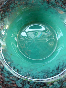 Pretty SCOTTISH MONART GLASS Shallow Bowl. Aqua Green with Gold and Black Aventurine & Customary Raised Pontil Mark