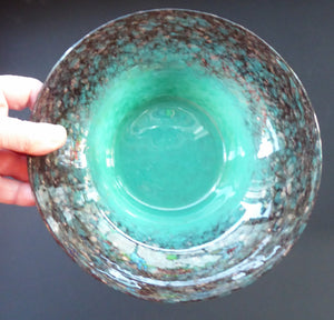 Pretty SCOTTISH MONART GLASS Shallow Bowl. Aqua Green with Gold and Black Aventurine & Customary Raised Pontil Mark