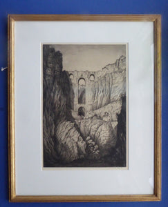 SCOTTISH ART. Original Ian Strang Etching. Puente Nuevo, Ronda, Spain. Signed and Dated 1913. FRAMED