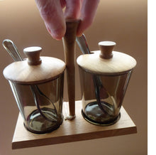 Load image into Gallery viewer, 1960s Pair of Jam or Pickle Pots with Teak Lids &amp; Stand. Smoky Brown Glass Pots and Matching Glass Spoons. Design Centre Award Label
