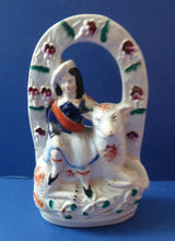 Load image into Gallery viewer, ANTIQUE Victorian 1880s Staffordshire Figurine. Pretty Little Shepherdess with Lamb Seated Under a Fruiting Bough
