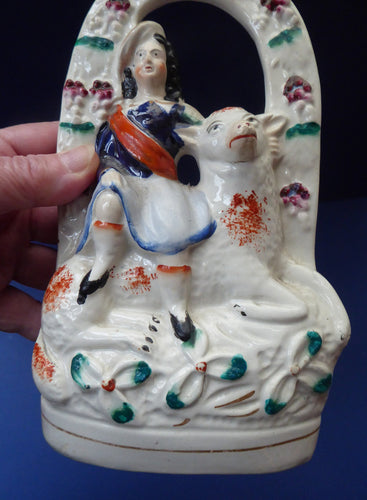ANTIQUE Victorian 1880s Staffordshire Figurine. Pretty Little Shepherdess with Lamb Seated Under a Fruiting Bough