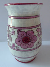 Load image into Gallery viewer, 1930s CROWN DUCAL Vase. Charlotte Rhead Design with Pink Tube Lined Flowers on a Mottle Grey Ground
