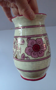 1930s CROWN DUCAL Vase. Charlotte Rhead Design with Pink Tube Lined Flowers on a Mottle Grey Ground