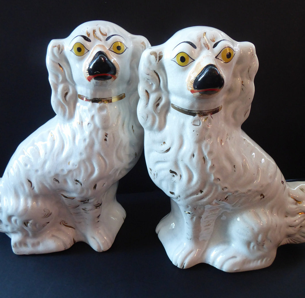 Antique Pair of Staffordshire Dogs Chimney Spaniels / Wally Dugs; 9 1/2 inches with yellow painted eyes, c1880s