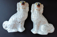 Load image into Gallery viewer, Antique Pair of Staffordshire Dogs Chimney Spaniels / Wally Dugs; 9 1/2 inches with yellow painted eyes, c1880s
