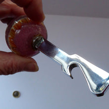 Load image into Gallery viewer, VASART GLASS Paperweight Set into a Lassman Chrome Bottle Opener Section. Miniature Millefiori Weight; 1960s
