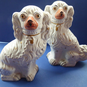 Antique Staffordshire Dogs Chimney Spaniels Yellow Painted Eyes 1880s
