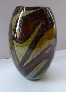 1970s Mdina Glass Vase with Earthtone Swirls. Ovoid Shape; 6 inches in height
