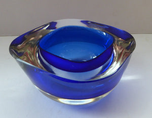 1960s MURANO Glass Bowl. Vintage Sommerso Geode Blue and Clear Glass Chunky Bowl. 4 inches diameter