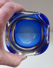 Load image into Gallery viewer, 1960s MURANO Glass Bowl. Vintage Sommerso Geode Blue and Clear Glass Chunky Bowl. 4 inches diameter
