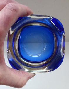 1960s MURANO Glass Bowl. Vintage Sommerso Geode Blue and Clear Glass Chunky Bowl. 4 inches diameter