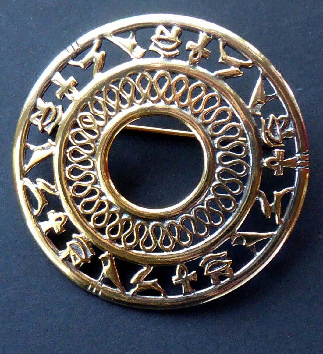 SCOTTISH Vintage OLA GORIE Large Silver Brooch with Gold Wash. Egyptian Hieroglyphs Design for the British Museum; 1995