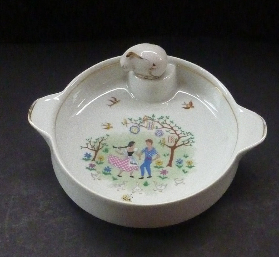 Heated Baby Bowl. VINTAGE FRENCH Limoges Dish with Singer Mark and Stamp. Shows Cute Couple Dancing in an Orchard