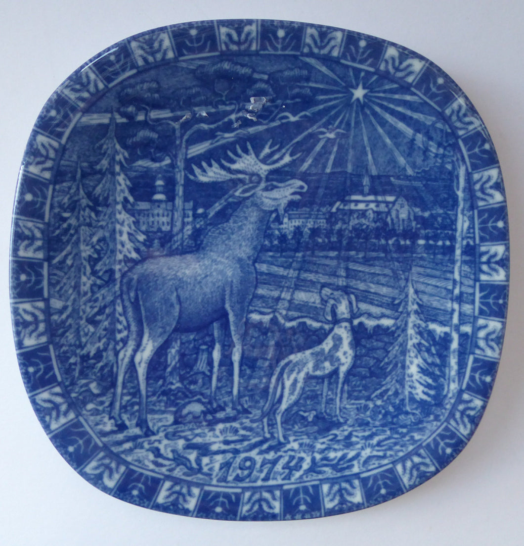 1970s SWEDISH Wall Plaque by GUNNAR NYLUND for Rorstrand. Julen Blue and White Year Plate 1974