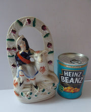 Load image into Gallery viewer, ANTIQUE Victorian 1880s Staffordshire Figurine. Pretty Little Shepherdess with Lamb Seated Under a Fruiting Bough
