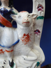 Load image into Gallery viewer, ANTIQUE Victorian 1880s Staffordshire Figurine. Pretty Little Shepherdess with Lamb Seated Under a Fruiting Bough
