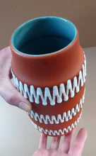 Load image into Gallery viewer, 1960s WEST GERMAN Vase. Scheurich 203-26. Exterior with Matt Terracotta Glaze; the Interior with Glossy Turquoise Glaze

