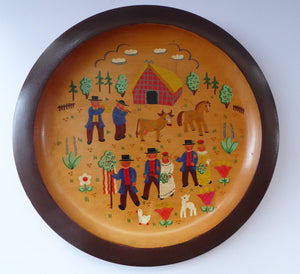 SWEDISH FOLK ART 1930s Wooden Plate. Rare Hand Painted Wedding Plate. Signed with initials and dated 1936 on the reverse