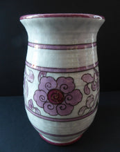 Load image into Gallery viewer, 1930s CROWN DUCAL Vase. Charlotte Rhead Design with Pink Tube Lined Flowers on a Mottle Grey Ground
