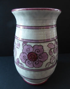 1930s CROWN DUCAL Vase. Charlotte Rhead Design with Pink Tube Lined Flowers on a Mottle Grey Ground