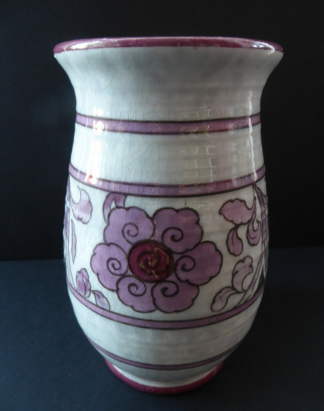 1930s CROWN DUCAL Vase. Charlotte Rhead Design with Pink Tube Lined Flowers on a Mottle Grey Ground