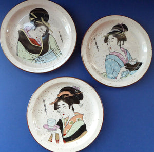 Three Japanese Stoneware Stoneware Plates. Geisha Girls