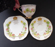 Load image into Gallery viewer, Pretty ELIZABETH II 1953 Porcelain Trio.  Coronation Cup, Saucer and Side Plate. STANLEY Pottery
