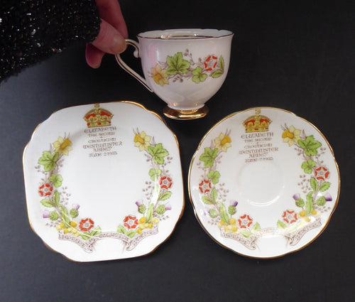 Pretty ELIZABETH II 1953 Porcelain Trio. Coronation Cup, Saucer and Side Plate