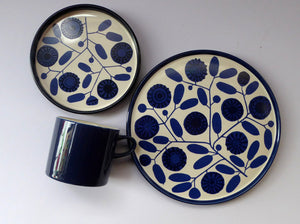German 1960s MELITTA Blue Sunflowers PORCELAIN Trio. Cup, Saucer & Side Plate. Designed by Lilo Kantner